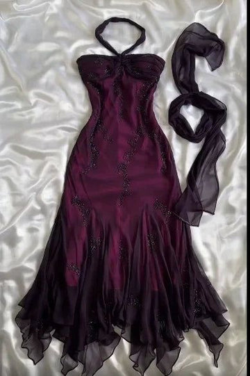 Vintage Mermaid Halter Beads Ruffles Chiffon Prom Dress Evening Dress HZ1023